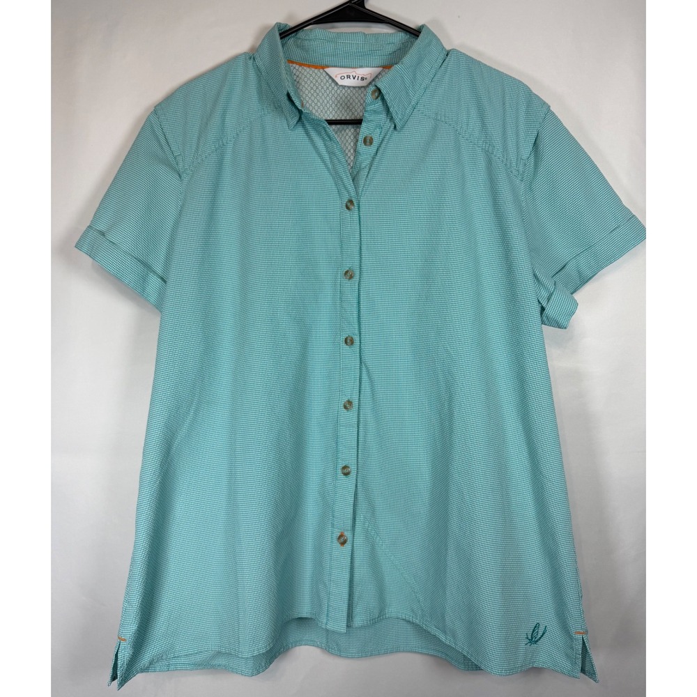 Orvis Womens XL Teal Gingham Short Sleeve Vented Fishing Hiking Button Up Shirt